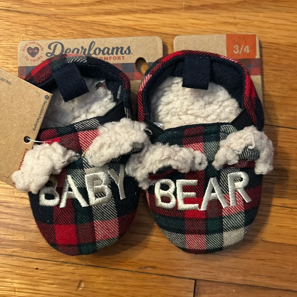NWT Dearfoams Cozy Baby Bear Plaid Closed‎ Back Slippers Cozy Flannel Lining